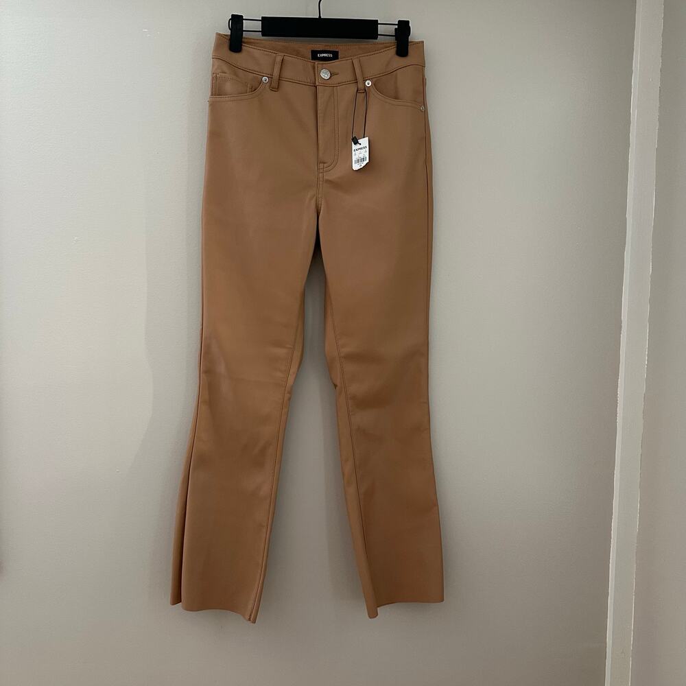 Express Women's Caramel High Rise‎ Cropped Flare Faux Leather Pants 2R NWT